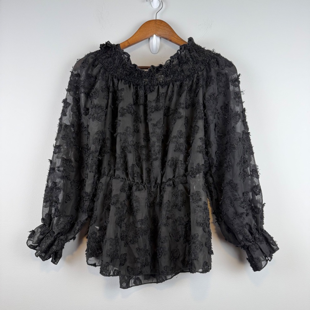 Whimsigoth Dark Romantic Peplum Top Size L Black Eyelash Texture Off Shoulder